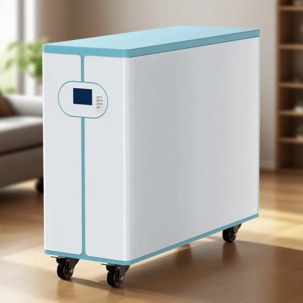 LF-YG512300YD 15.36KWH mobile battery pack (wheeled design) positioned in a sleek indoor setting, ideal for home/office energy backup.