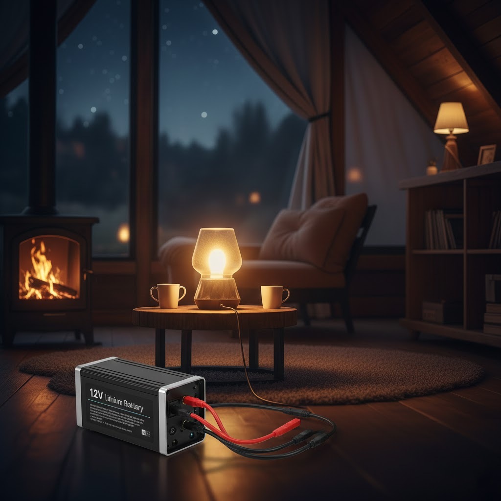 Wall-mounted lithium battery storage unit and pure sine wave inverter powering a cozy, modern living room at night. Calculate how long will a 12V battery last with an inverter to ensure reliable home backup power during outages.