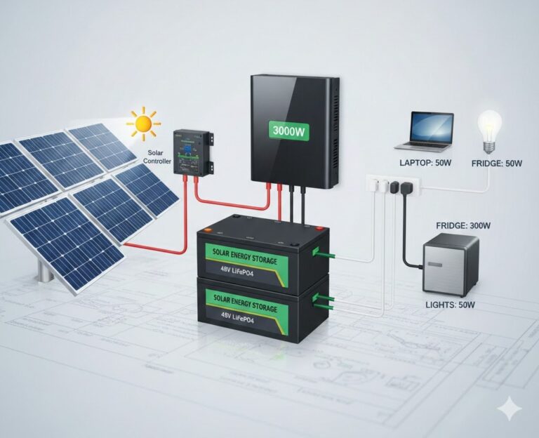 what can a 3000 watt inverter run？ When connected to solar panels, a charge controller, and a 48V lithium iron phosphate battery pack, it provides off-grid power for essential appliances such as refrigerators, laptops, and lighting equipment.