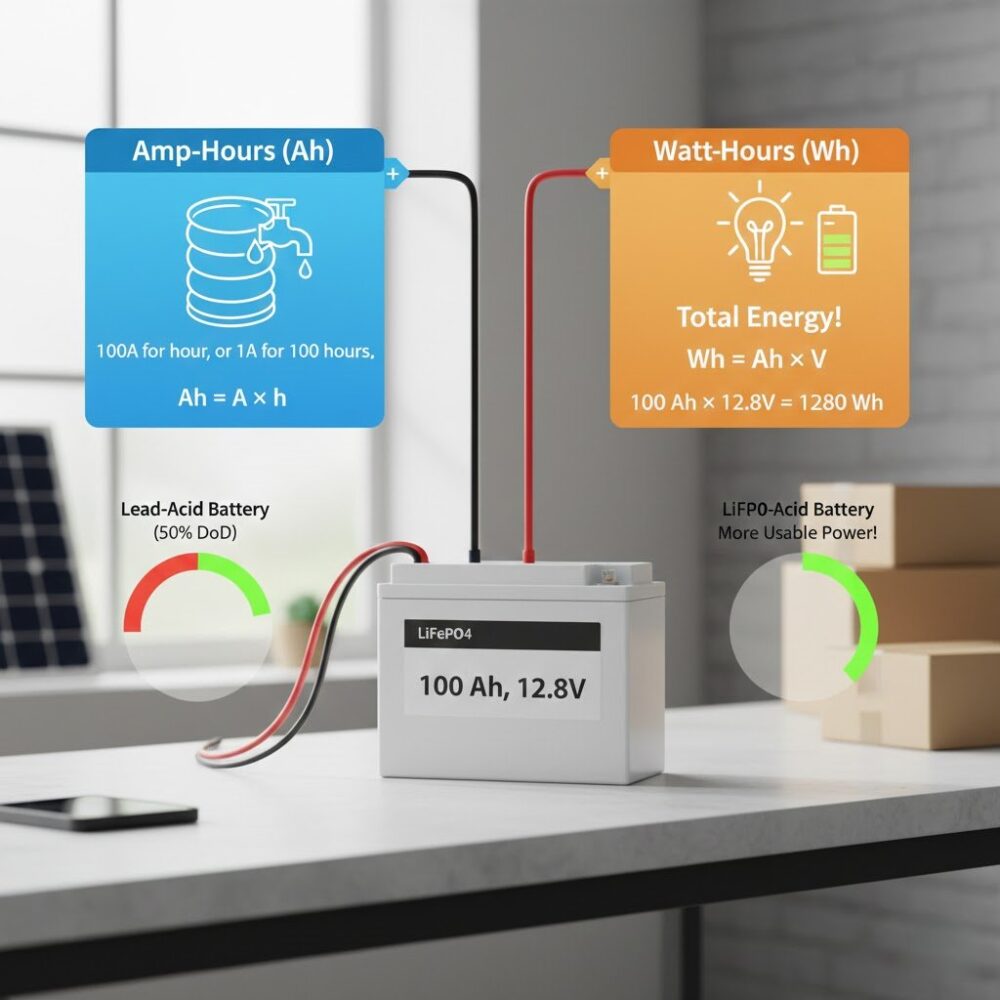 Diagram illustrating the definition of Amp-Hours (Ah), showing a battery, flowing current (A), and time (h) to explain what does the Ah mean on a battery and how to calculate battery capacity.