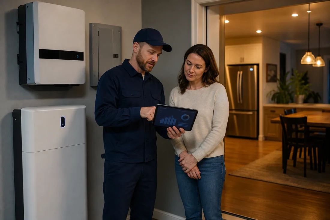 Installer and homeowner reviewing essential loads for a 5kWh battery system