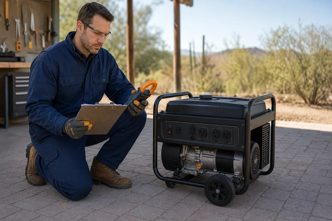 Electrician verifying a portable generator rating and appliance load plan before operation