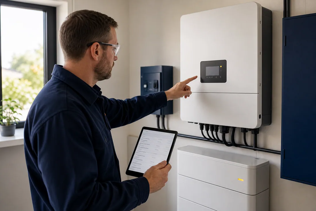 Solar technician recording an inverter fault event before resetting the system