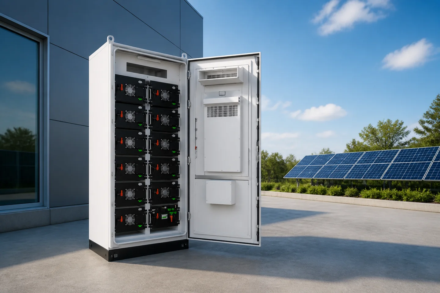 Outdoor commercial LiFePO4 energy storage cabinet beside a solar facility