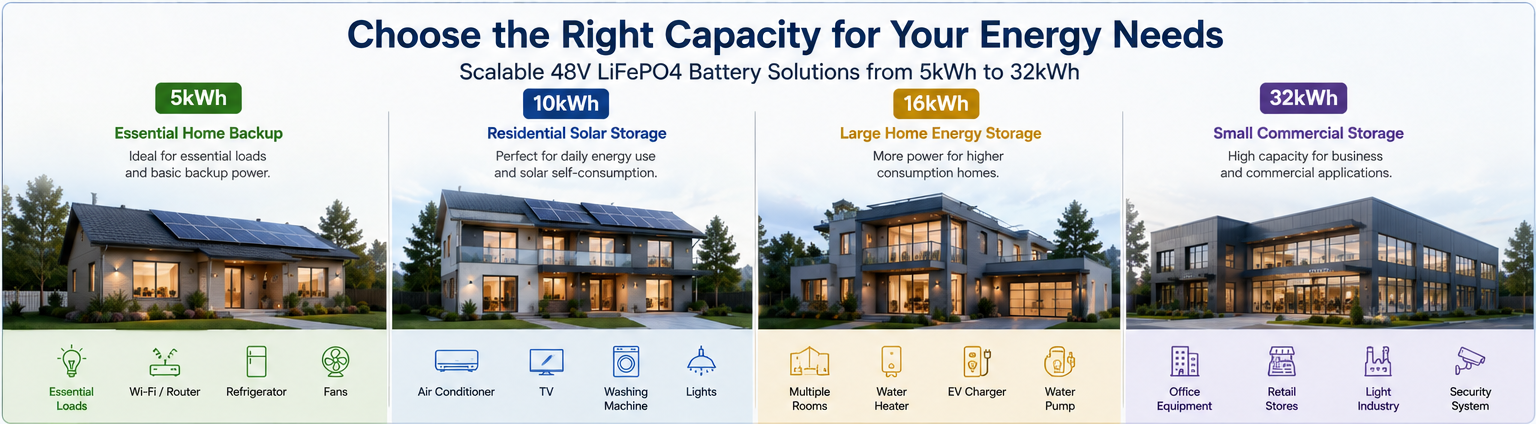 5kWh to 32kWh 48V LiFePO4 battery solutions for residential and commercial energy storage